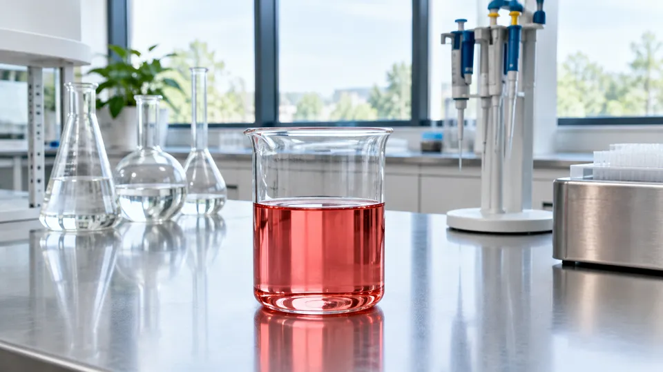 Bægerglas med olie på et laboratoriebord i dagslys
