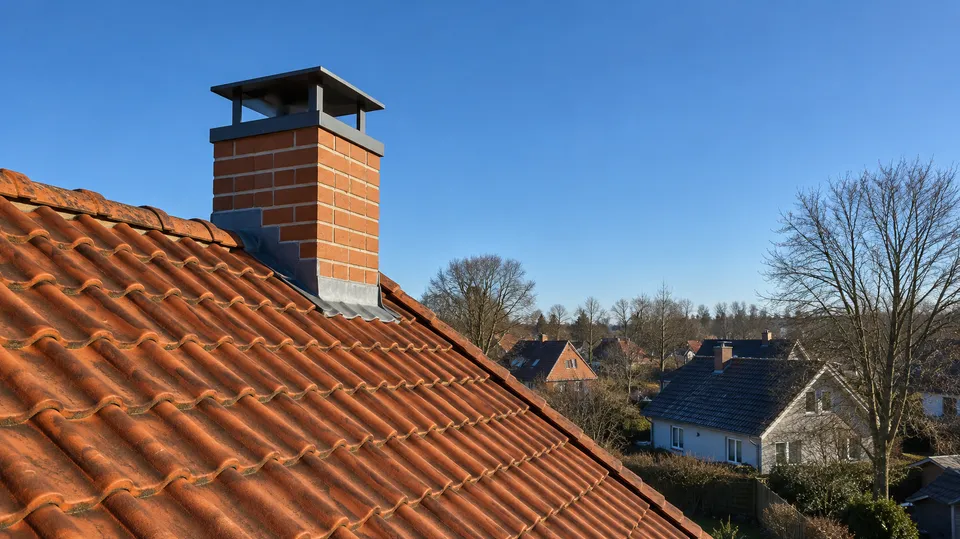 Tegltag med muret skorsten og skorstenshætte mod en klar, blå vinterhimmel