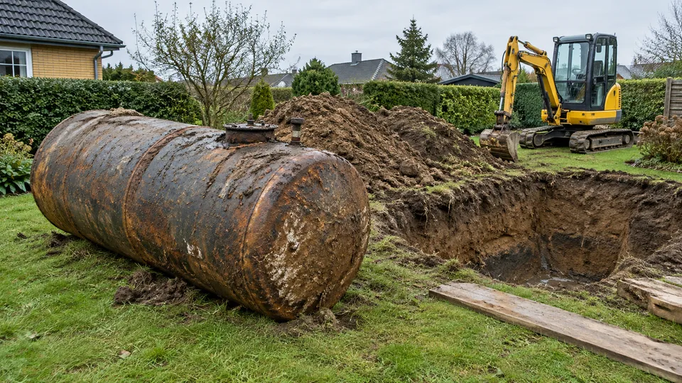 Gammel, rusten ståltank, der er gravet op og ligger ved siden af et hul i en have